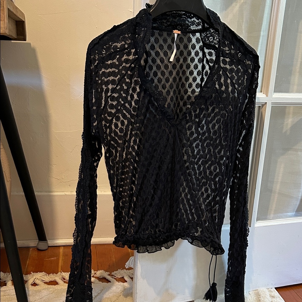 Free People Black Sheer Lace Blouse